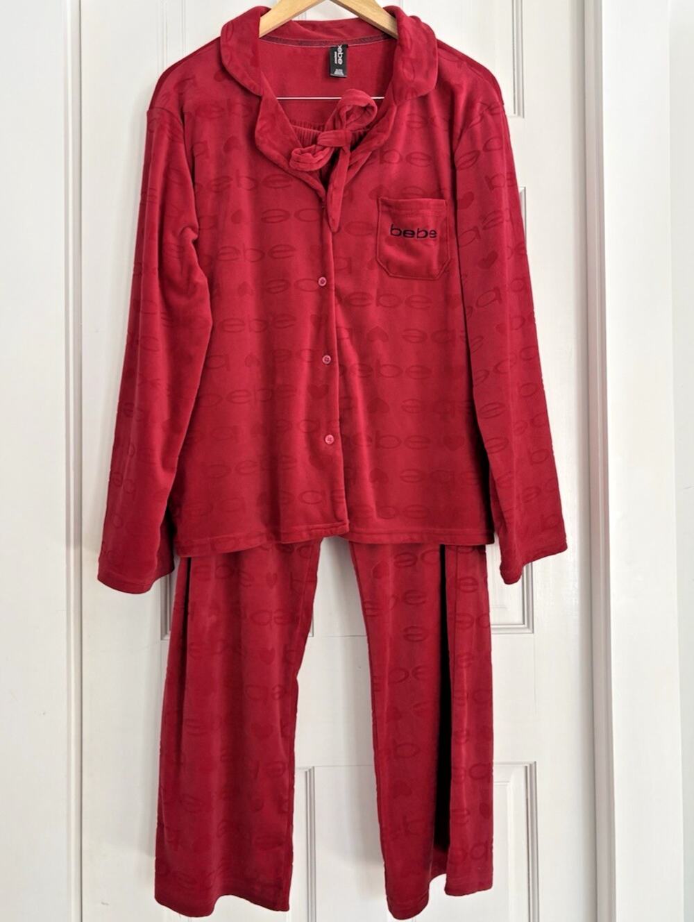 Bebe Velour Pajama Set 2-Piece Sleepwear Red Heart Logo Long Sleeves Wide Leg XL